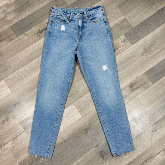 Old Navy High Rise OG Straight Raw Hew Mom Jeans Blue 4 Ankle Distressed - Picture 4 of 13